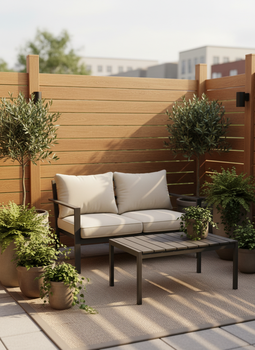 A contemporary small urban patio styled as a serene outdoor living room, featuring a low-profile charcoal metal loveseat with thick cream cushions and a matching slatted coffee table. Around it, assorted ceramic and terracotta planters in muted neutrals hold lush ferns, dwarf olive trees, and trailing ivy. The space is enclosed by a horizontal cedar slat fence adorned with minimalist black wall lanterns. Captured in soft late-afternoon natural light, gentle shadows fall across the textured outdoor rug. Shot at eye level with a slight angle, in photographic realism, the composition uses shallow depth of field to keep the seating and decor in sharp focus while the background softly blurs, creating a calm, aspirational lifestyle atmosphere centered on garden decor.