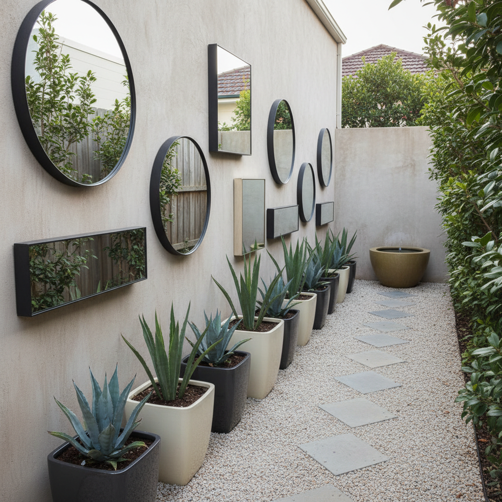 A narrow side yard transformed into a decorative garden gallery, with a series of wall-mounted outdoor mirrors in assorted geometric shapes reflecting greenery from the opposite fence. Below them, a row of coordinated ceramic pots in gradients of sage, cream, and charcoal holds sculptural plants like agave and yucca. The ground is covered with fine gravel, punctuated by stepping stones leading toward a small, minimalist water bowl near the far wall. Soft, diffused late-afternoon light creates gentle reflections and subtle highlights on the mirrors and glazed ceramics. Shot in photographic realism from a low, slightly angled perspective, the composition emphasizes depth and repetition, giving the space a curated, boutique-like atmosphere focused on decorative outdoor styling.