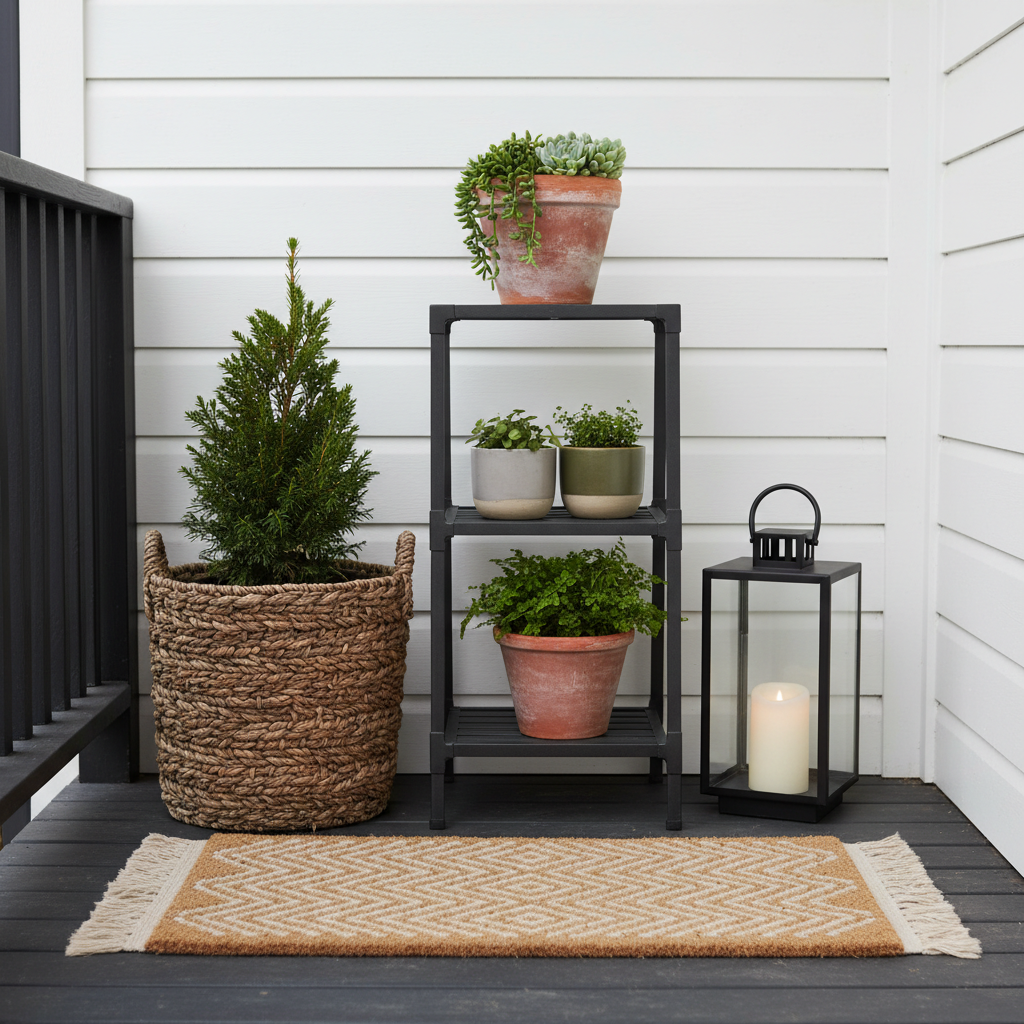 A compact front porch decorated with layered garden decor: a graphite-colored metal plant stand with tiered shelves holding varying sizes of terracotta and matte ceramic pots, a woven outdoor basket planter with a small evergreen, and an understated coir doormat with a simple geometric pattern. To one side, a tall, narrow lantern with a faux candle adds vertical interest. Overcast daylight provides soft, even illumination, bringing out texture in the pots, fibers, and siding without harsh shadows. Photographic realism with a straight-on, eye-level composition keeps the entire vignette in sharp focus, creating a welcoming yet uncluttered look. The mood is polished but approachable, ideal for illustrating simple, stylish front-entry garden decor ideas.