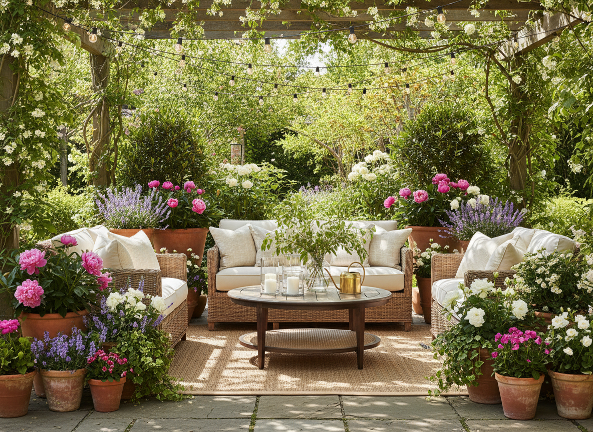 Lush garden background with vibrant green foliage and outdoor decor