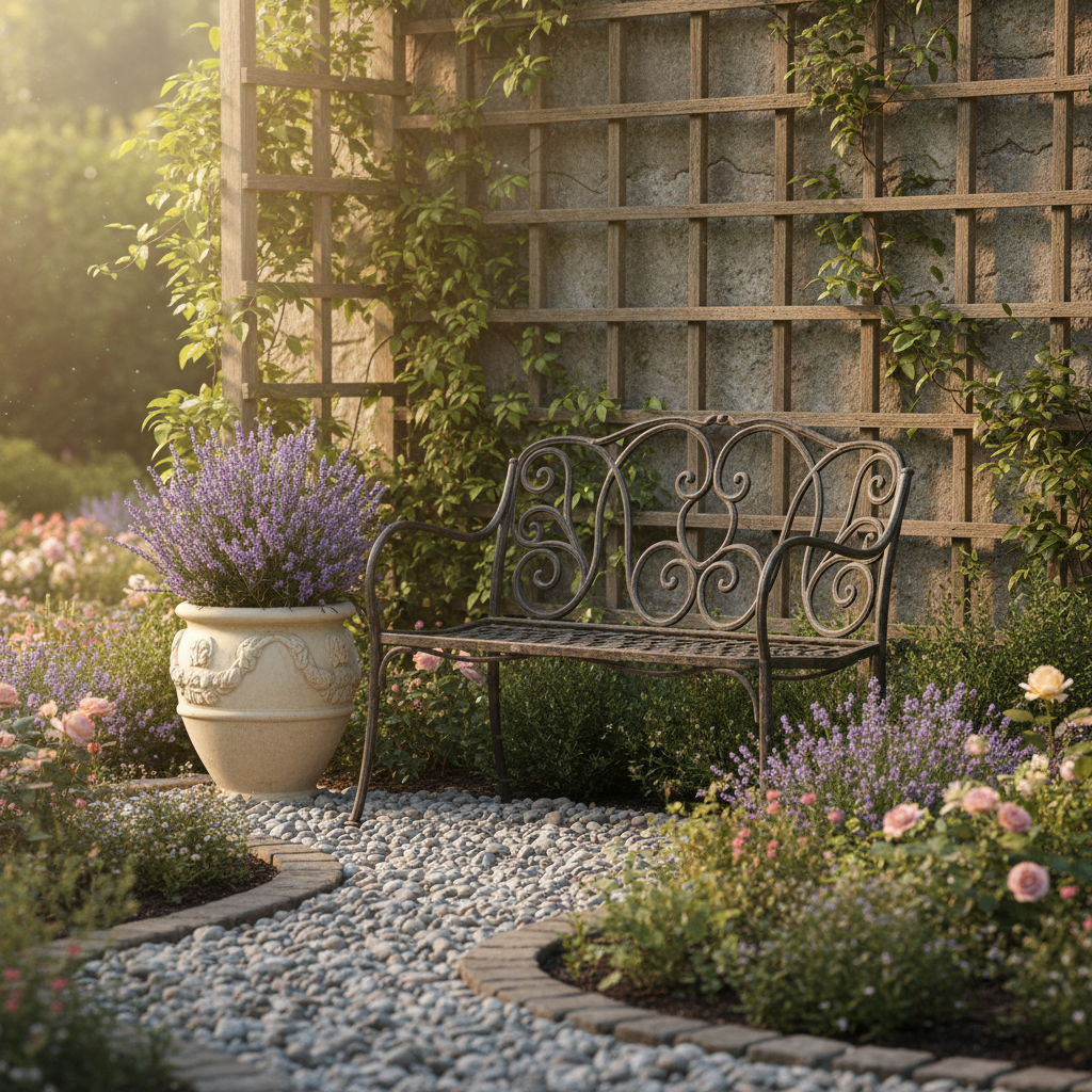 A styled garden corner with vintage iron bench, lavender planters and golden afternoon light.