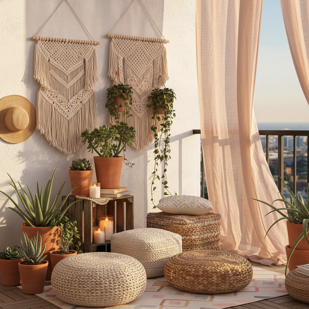 A chic boho balcony with macrame hangings, terracotta pots and trailing plants.