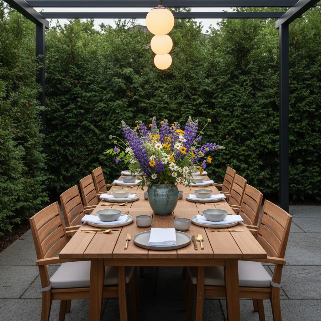 A modern outdoor dining setup on a stone patio with wildflowers and pendant lights.