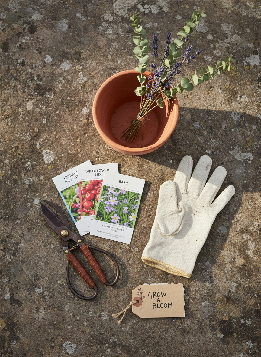 A top-down flatlay of curated garden decor items — terracotta pot, pruning shears, seed packets, dried botanicals on a stone surface.